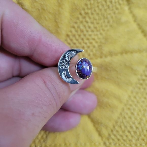 Sterling Crescent Moon with Copper Purple Turquoise size 9 - Picture 3 of 5